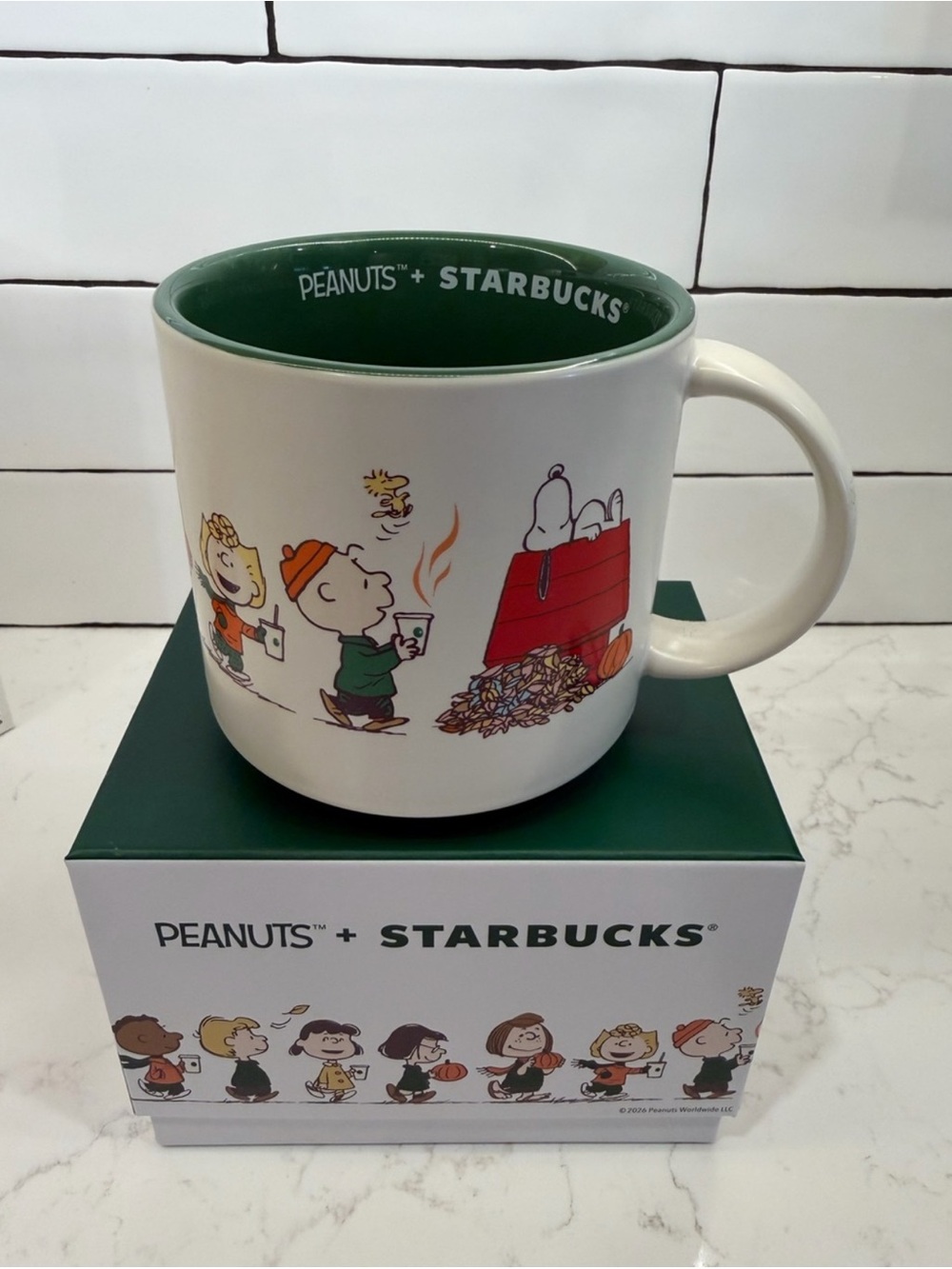 Starbucks Peanuts White Ceramic Mug with Green Interior